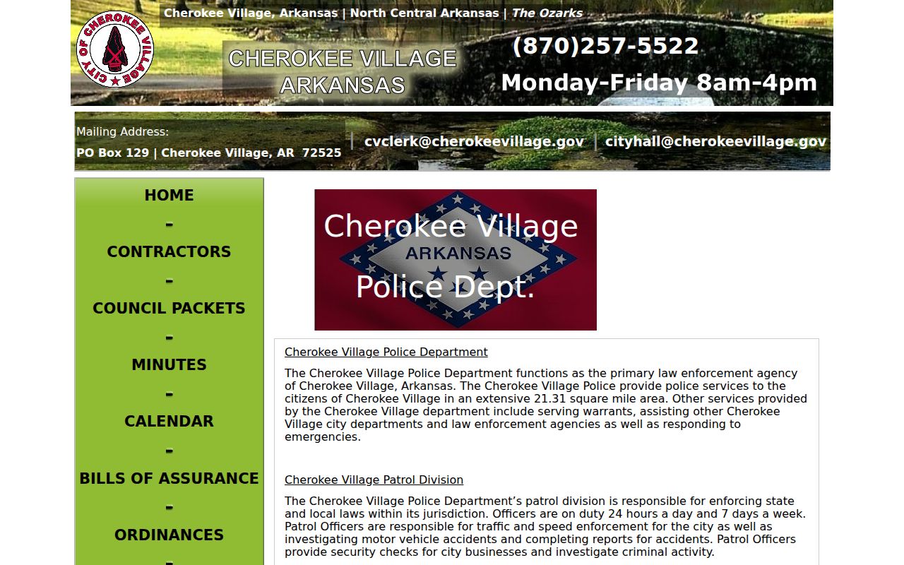 Fulton County city criminal history Cherokee Village Police Department records